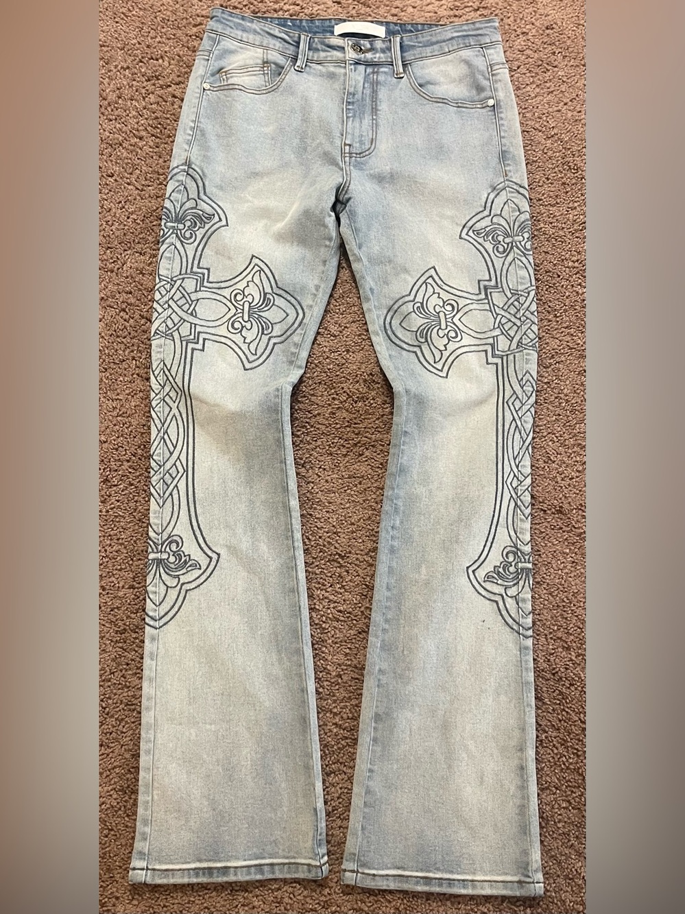 KDNK Men's Light Wash Gray Jeans with Side Celtic Cross Detail